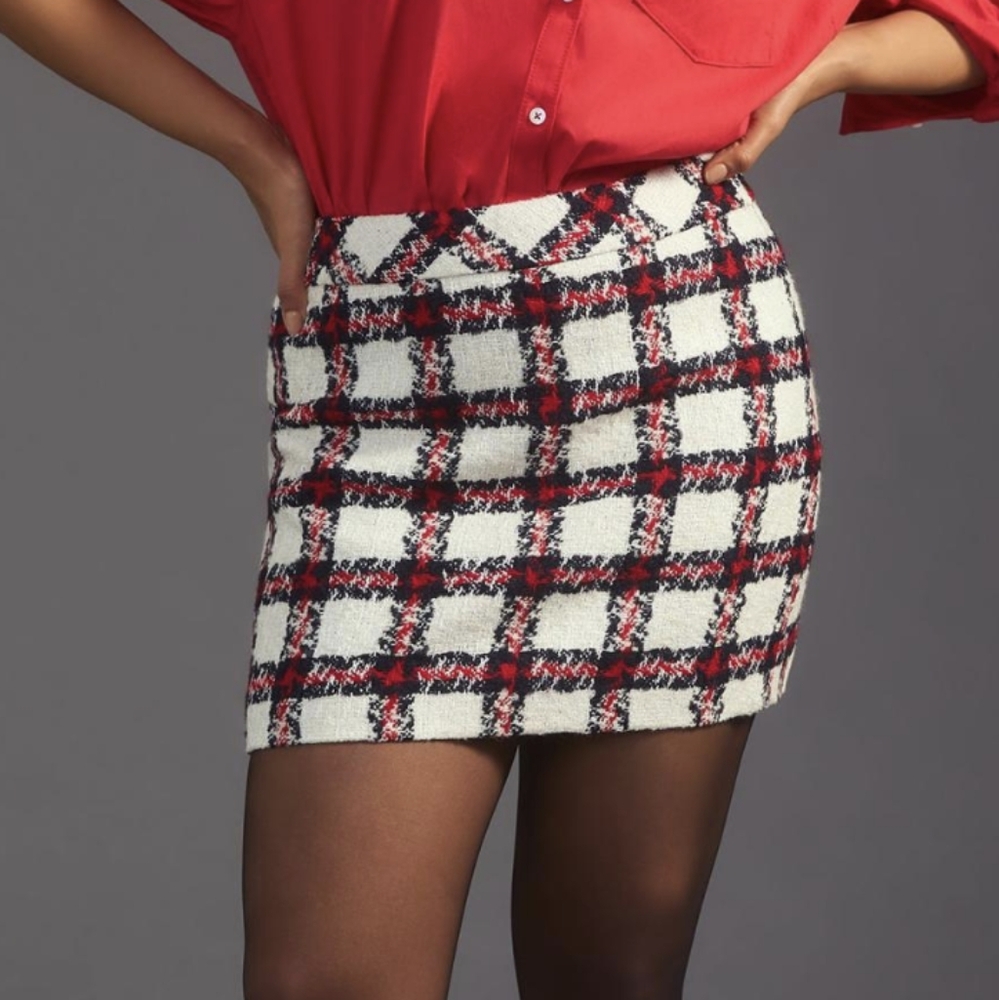 NWT Anthropologie Endless‎ Rose Red Navy White Academia Tweed Mini Skirt, S